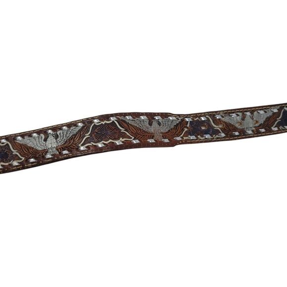 Handcrafted Brown Western Leather Belt Hand Painted Silver Eagle Embossing 32 - Picture 9 of 13